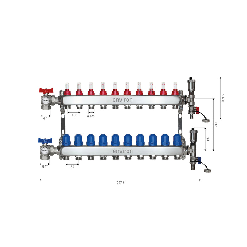 Edelstahl Heizkreisverteiler – 2 bis 12 Heizkreise mit 90° Eck-Kugelhahn-Set & Thermometer