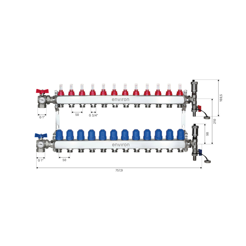 Edelstahl Heizkreisverteiler – 2 bis 12 Heizkreise mit 90° Eck-Kugelhahn-Set & Thermometer