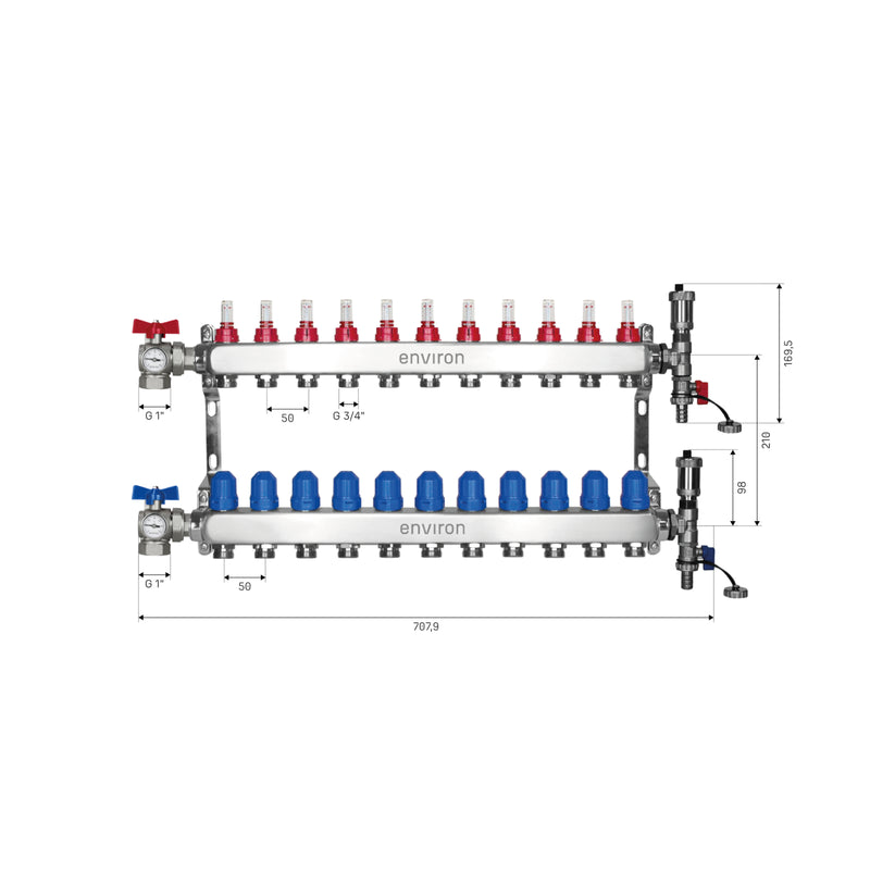 Edelstahl Heizkreisverteiler – 2 bis 12 Heizkreise mit 90° Eck-Kugelhahn-Set & Thermometer