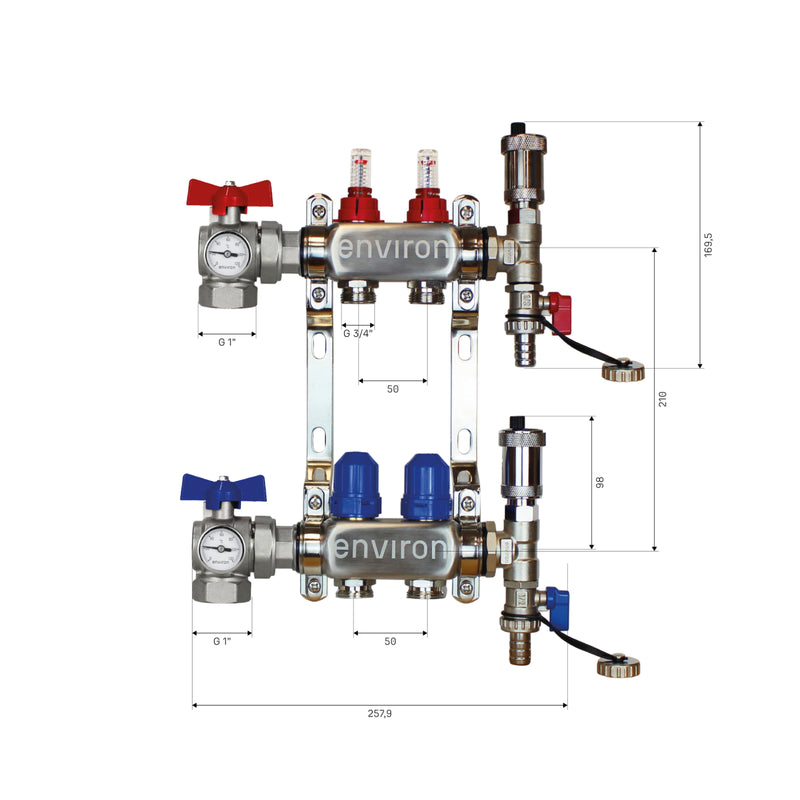 Edelstahl Heizkreisverteiler – 2 bis 12 Heizkreise mit 90° Eck-Kugelhahn-Set & Thermometer