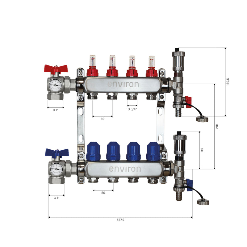 Edelstahl Heizkreisverteiler – 2 bis 12 Heizkreise mit 90° Eck-Kugelhahn-Set & Thermometer