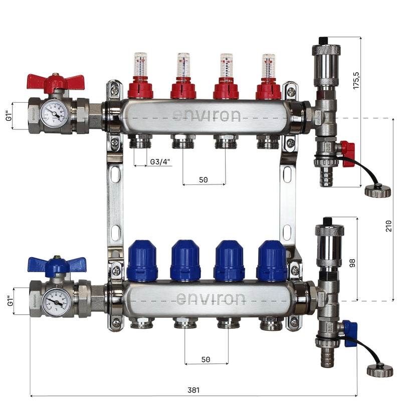 Distributore circuito di riscaldamento in acciaio inox – da 2 a 12 circuiti con set di raccordo valvola a sfera e sfiato