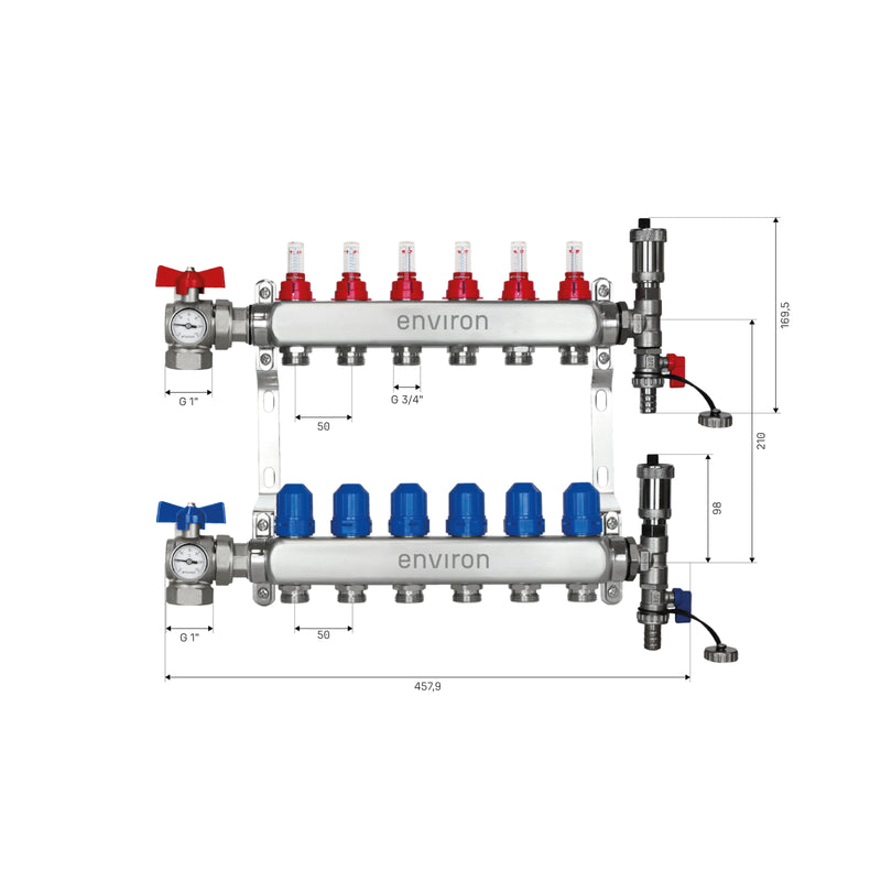 Edelstahl Heizkreisverteiler – 2 bis 12 Heizkreise mit 90° Eck-Kugelhahn-Set & Thermometer