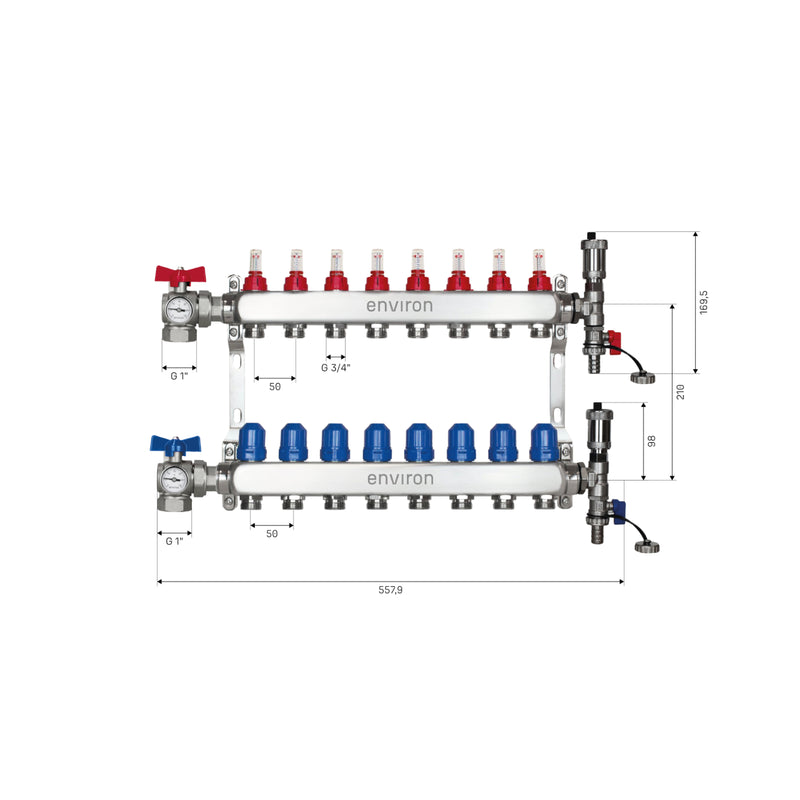 Edelstahl Heizkreisverteiler – 2 bis 12 Heizkreise mit 90° Eck-Kugelhahn-Set & Thermometer