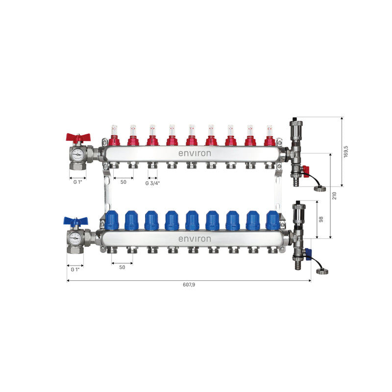 Edelstahl Heizkreisverteiler – 2 bis 12 Heizkreise mit 90° Eck-Kugelhahn-Set & Thermometer