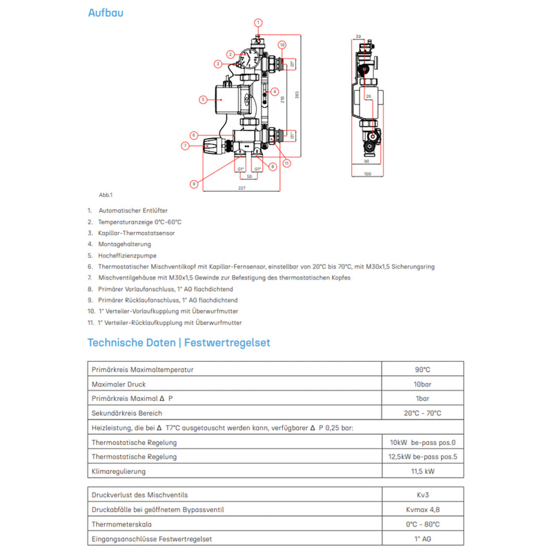 Fixed value control set adjustable 20 - 70°C and high-efficiency pump with holder