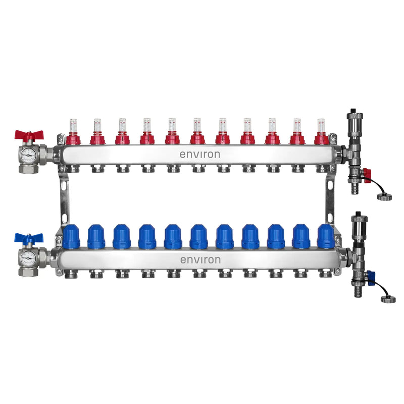 Edelstahl Heizkreisverteiler – 2 bis 12 Heizkreise mit 90° Eck-Kugelhahn-Set & Thermometer