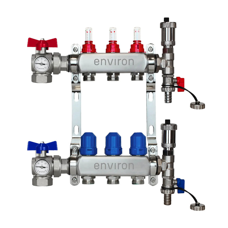 Edelstahl Heizkreisverteiler – 2 bis 12 Heizkreise mit 90° Eck-Kugelhahn-Set & Thermometer
