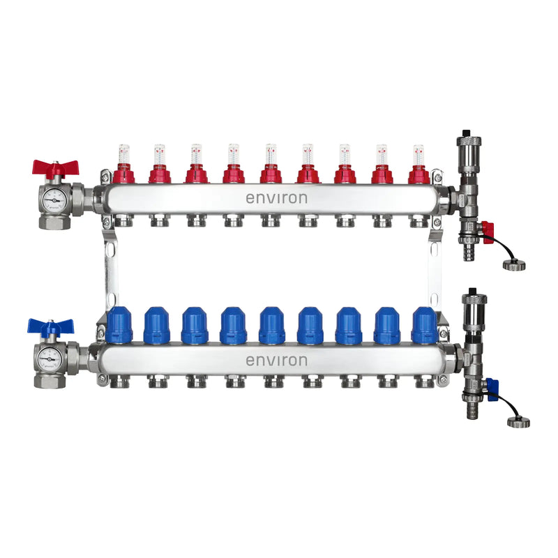 Edelstahl Heizkreisverteiler – 2 bis 12 Heizkreise mit 90° Eck-Kugelhahn-Set & Thermometer