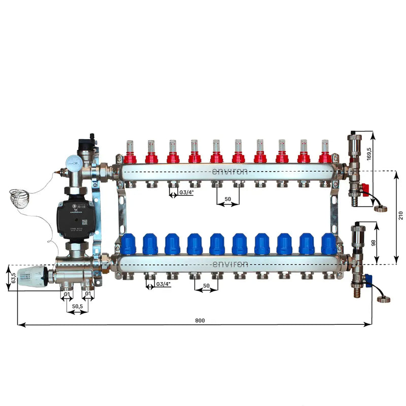Set di regolazione a valore fisso M059 20-70°C con pompa ad alta efficienza Grundfos UPM3 25/6, collettore di riscaldamento in acciaio inox, set di sfiato e set di valvole a sfera
