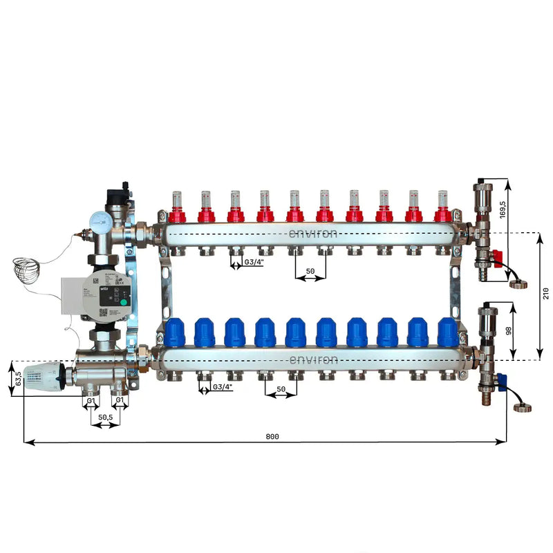 Festwertregelset M059 20-70°C mit Wilo Para 25/6 Hocheffizienzpumpe, Edelstahl-Heizkreisverteiler, Entlüfterset & Kugelhahnset