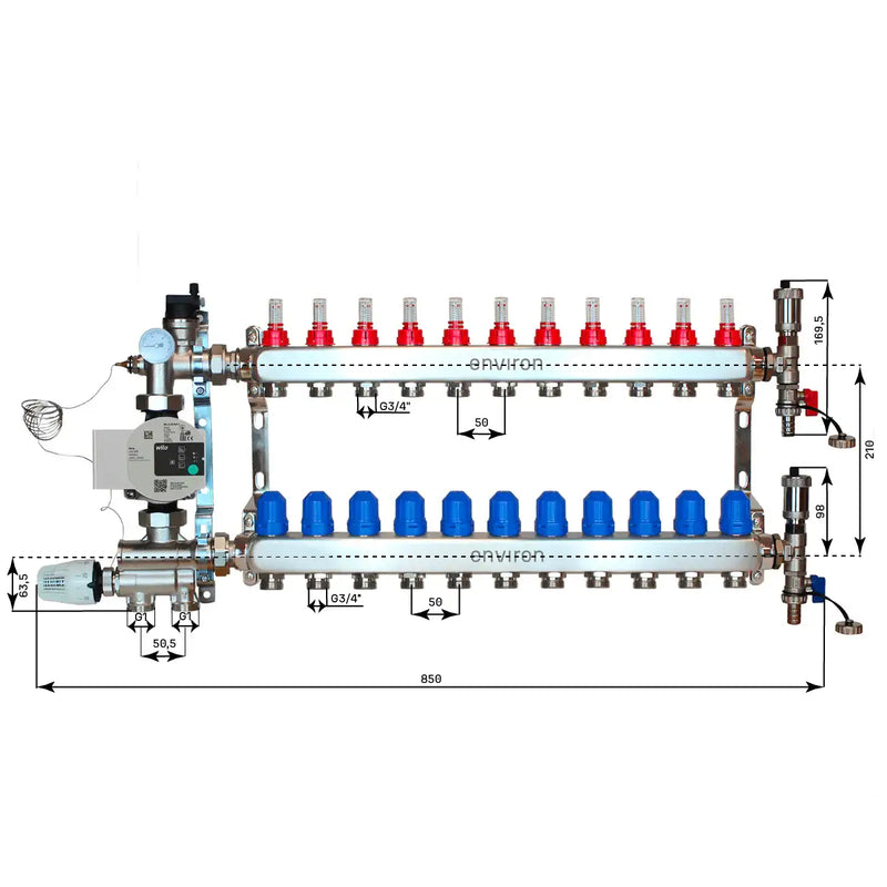 Festwertregelset M059 20-70°C mit Wilo Para 25/6 Hocheffizienzpumpe, Edelstahl-Heizkreisverteiler, Entlüfterset & Kugelhahnset