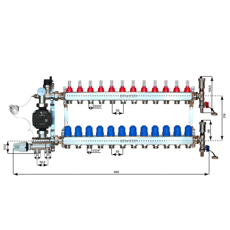 Set di regolazione a valore fisso M059 20-70°C con pompa ad alta efficienza Grundfos UPM3 25/6, collettore di riscaldamento in acciaio inox, set di sfiato e set di valvole a sfera