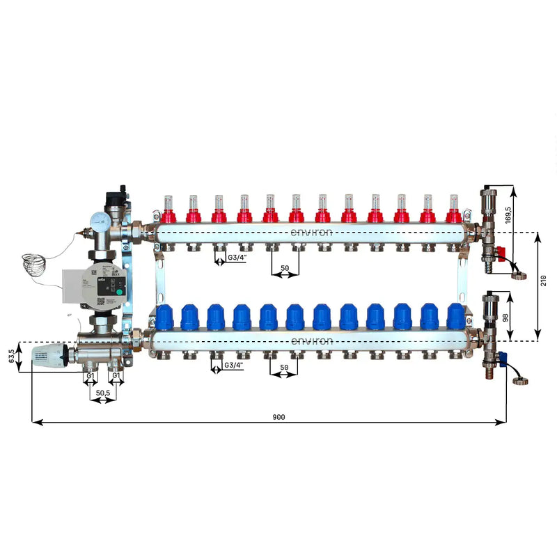 Festwertregelset M059 20-70°C mit Wilo Para 25/6 Hocheffizienzpumpe, Edelstahl-Heizkreisverteiler, Entlüfterset & Kugelhahnset