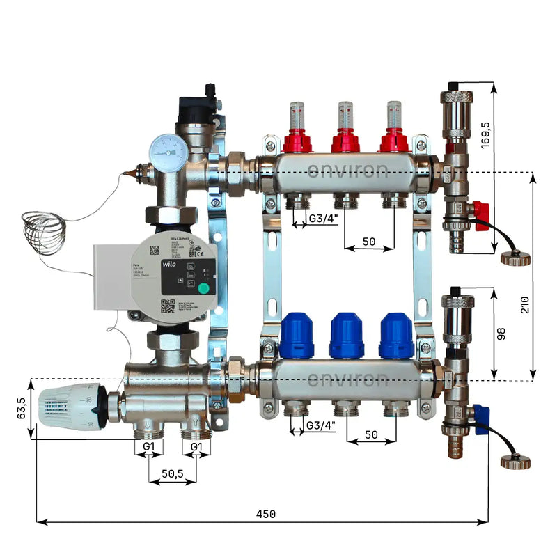 Festwertregelset M059 20-70°C mit Wilo Para 25/6 Hocheffizienzpumpe, Edelstahl-Heizkreisverteiler, Entlüfterset & Kugelhahnset