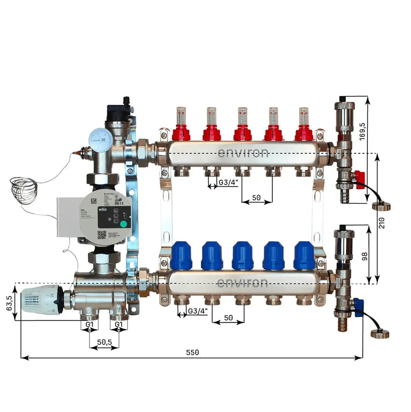 Festwertregelset M059 20-70°C mit Wilo Para 25/6 Hocheffizienzpumpe, Edelstahl-Heizkreisverteiler, Entlüfterset & Kugelhahnset
