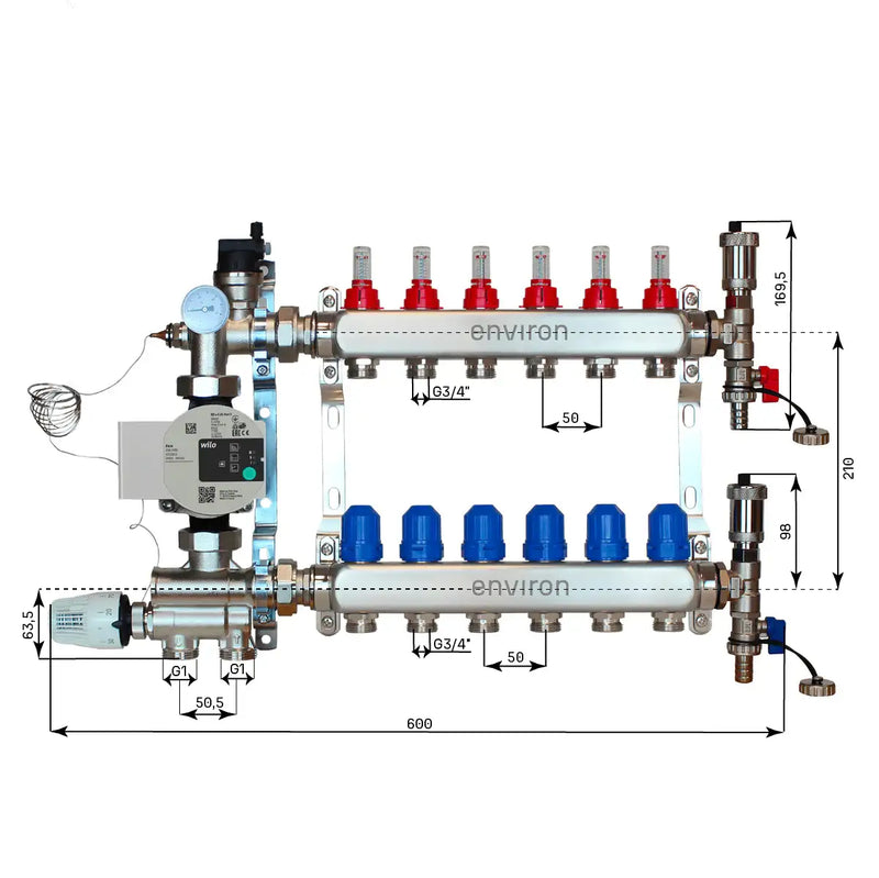 Festwertregelset M059 20-70°C mit Wilo Para 25/6 Hocheffizienzpumpe, Edelstahl-Heizkreisverteiler, Entlüfterset & Kugelhahnset