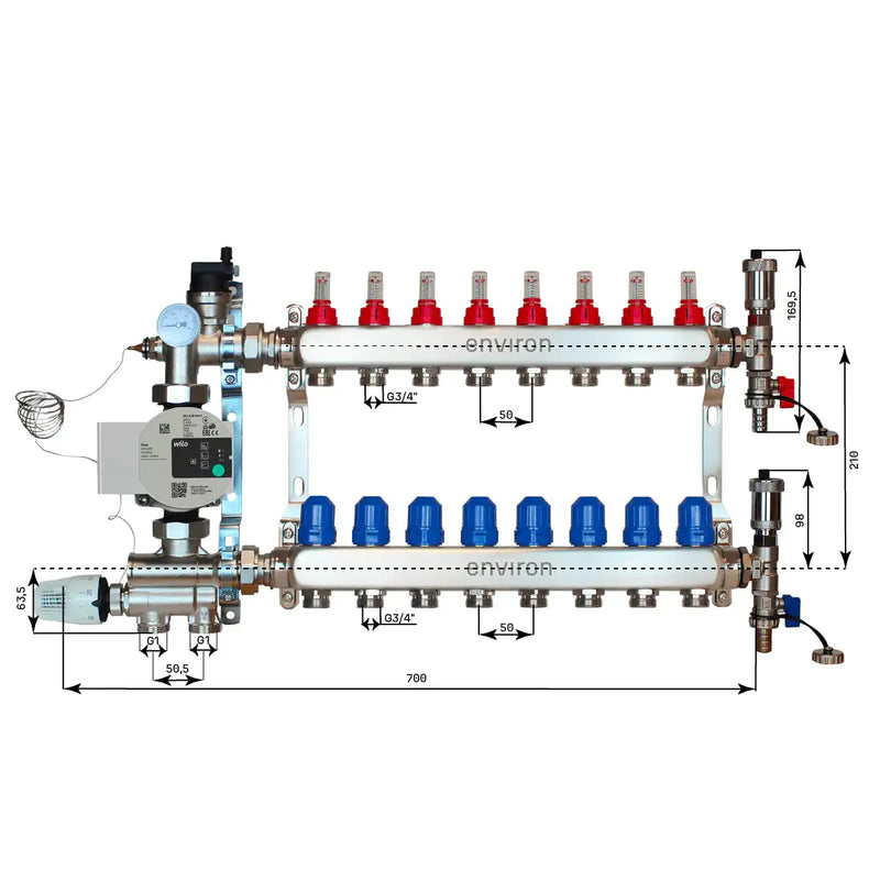 Festwertregelset M059 20-70°C mit Wilo Para 25/6 Hocheffizienzpumpe, Edelstahl-Heizkreisverteiler, Entlüfterset & Kugelhahnset