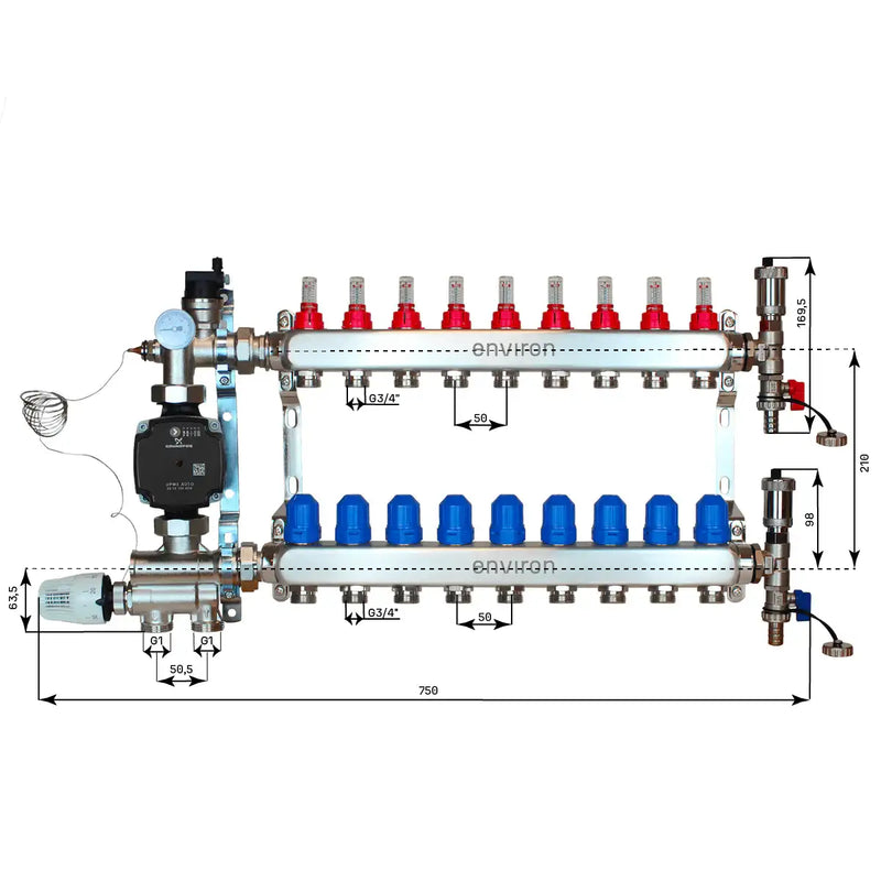 Set di regolazione a valore fisso M059 20-70°C con pompa ad alta efficienza Grundfos UPM3 25/6, collettore di riscaldamento in acciaio inox, set di sfiato e set di valvole a sfera