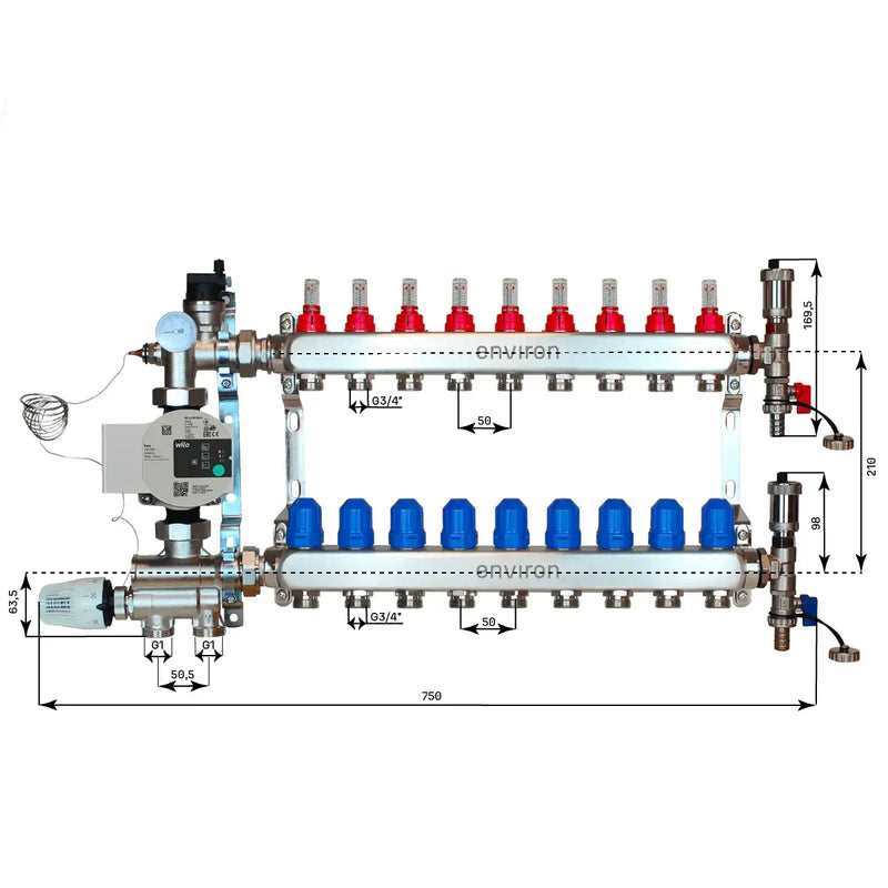 Festwertregelset M059 20-70°C mit Wilo Para 25/6 Hocheffizienzpumpe, Edelstahl-Heizkreisverteiler, Entlüfterset & Kugelhahnset
