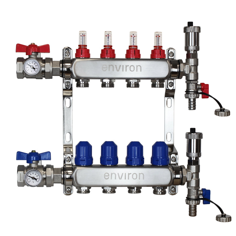 Distributore circuito di riscaldamento in acciaio inox – da 2 a 12 circuiti con set di raccordo valvola a sfera e sfiato