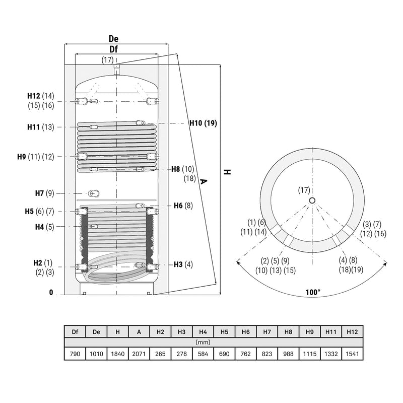 Laddotank Pufferspeicher mit zwei WT, 800L, 100mm Vliesdämmung