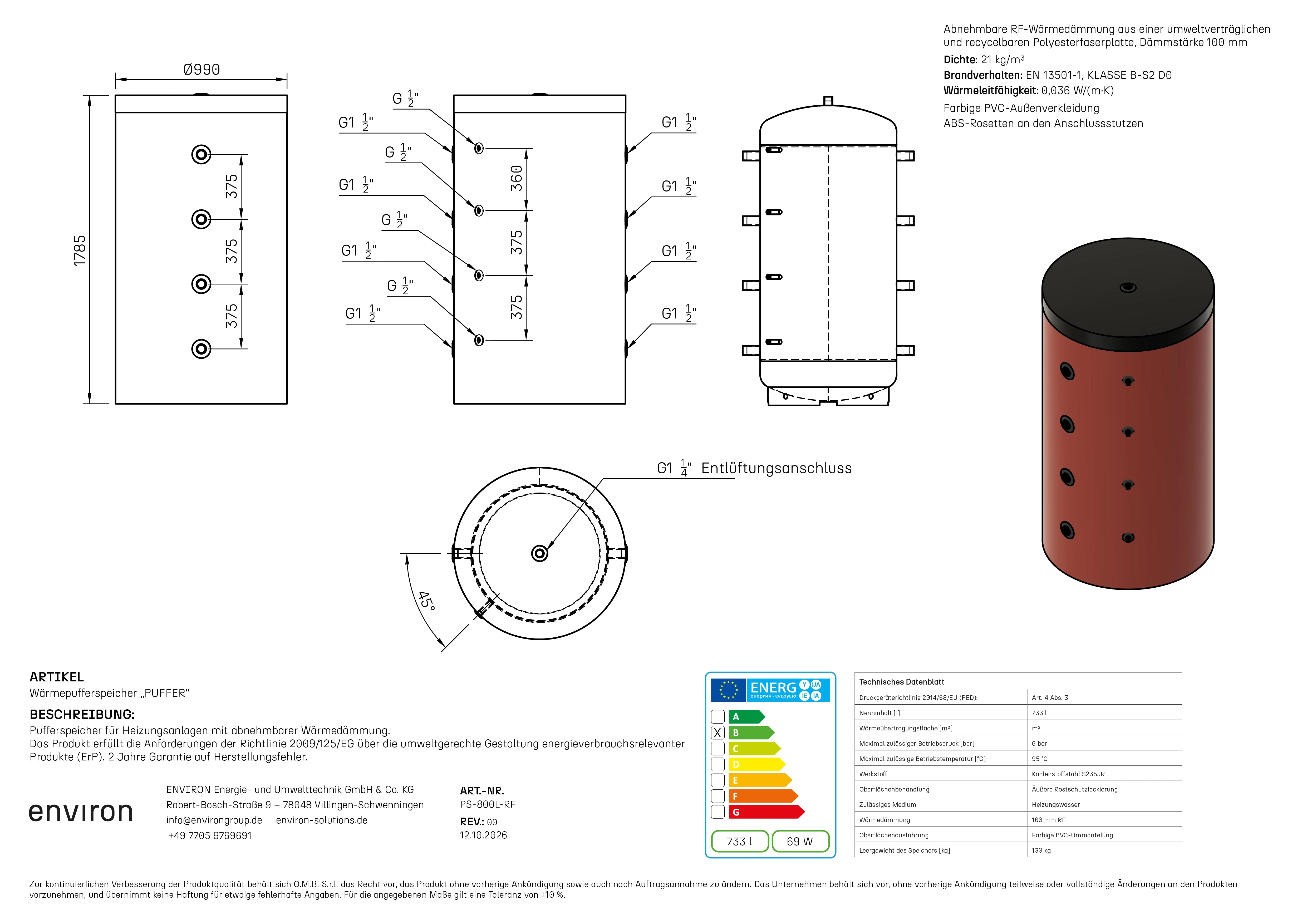 PS 800 – Pufferspeicher 800 Liter – ohne Wärmetauscher – abnehmbare Dämmung