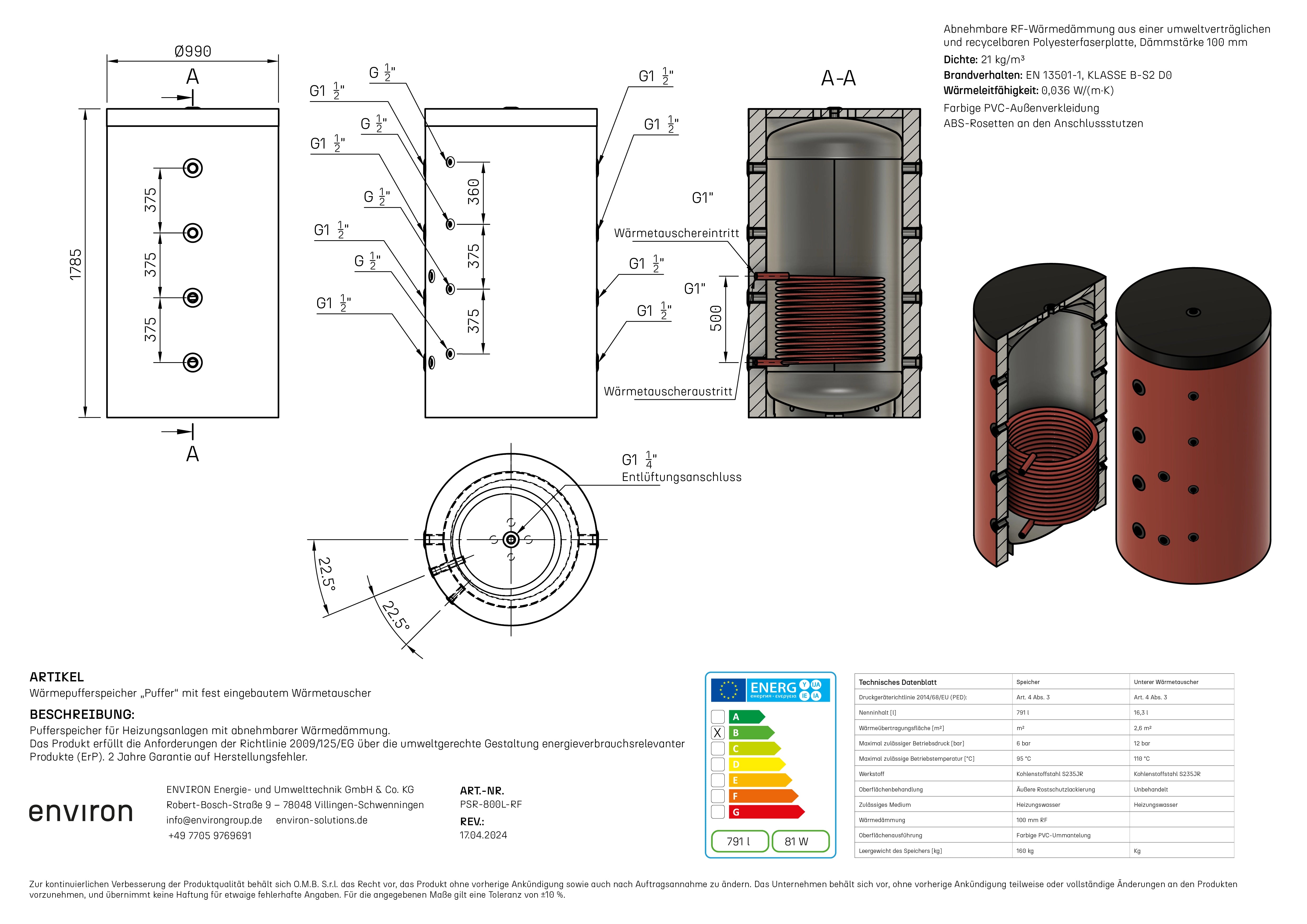 PSR 800 – Pufferspeicher 800 Liter – mit 1 Wärmetauscher – abnehmbare Dämmung