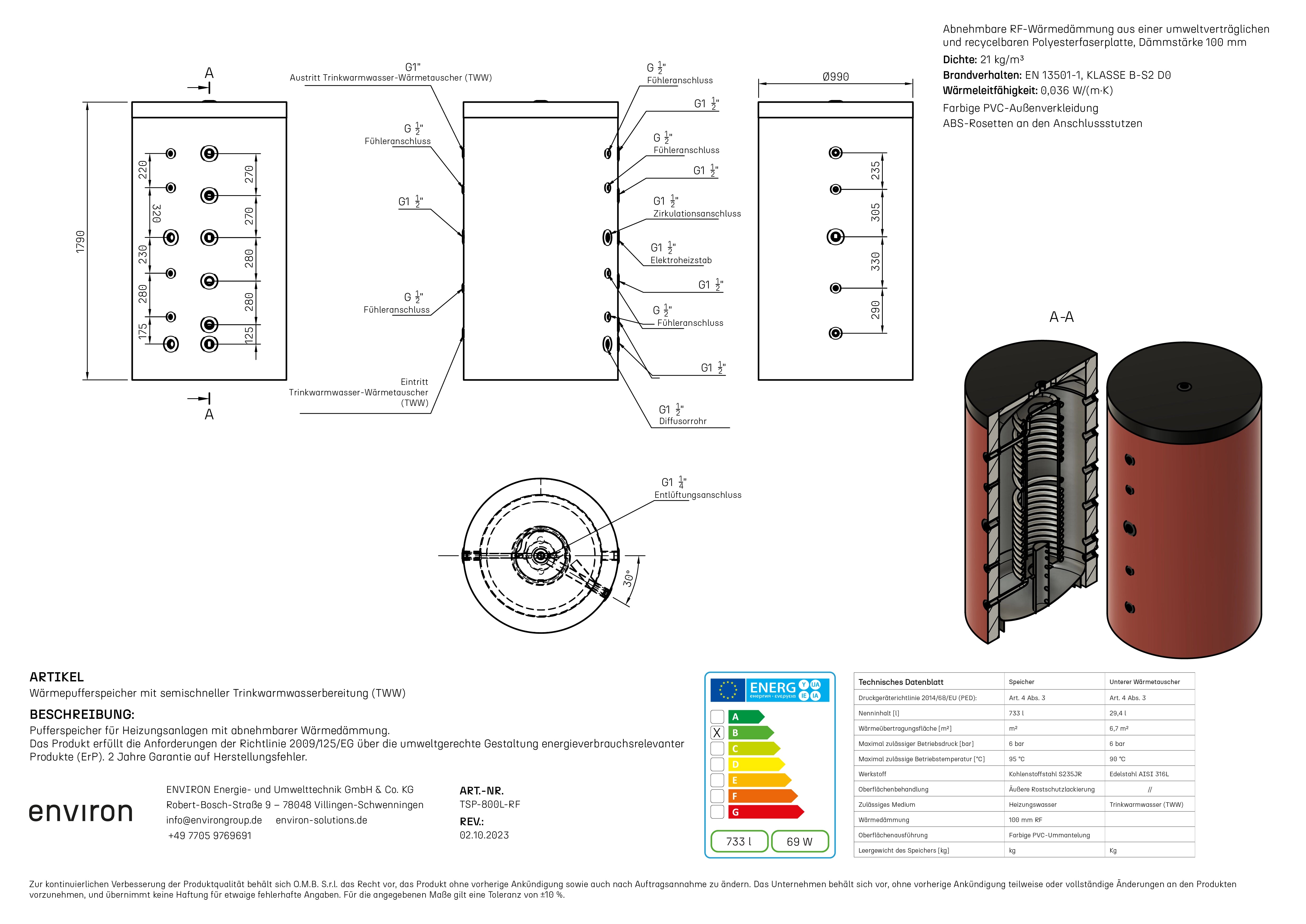 TSP 800 – Hygienespeicher 800 Liter – Edelstahl-Wellrohr – abnehmbare Dämmung