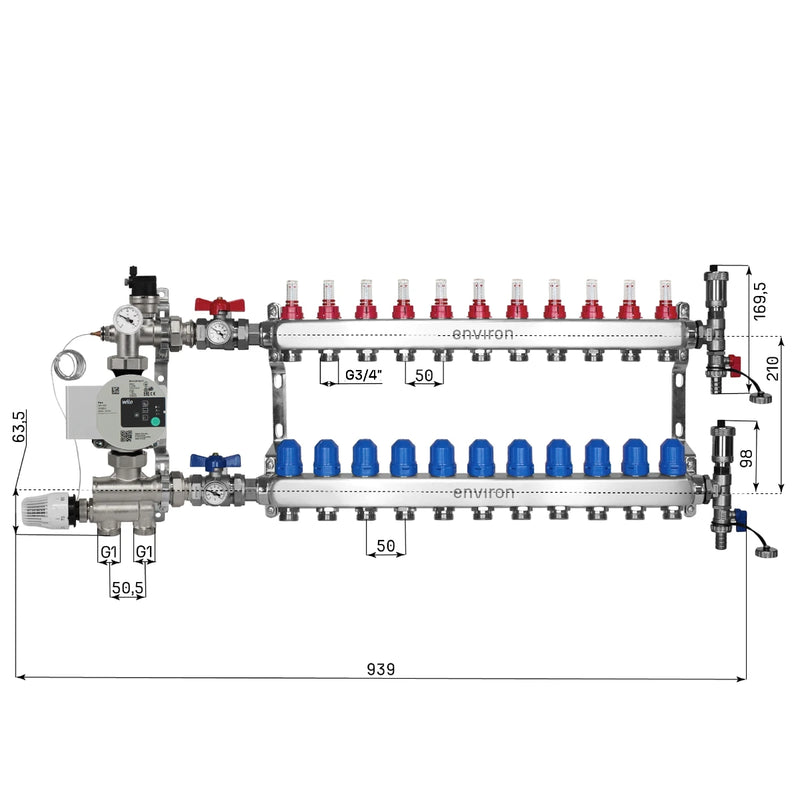 Festwertregelset M059 20-70°C mit Wilo Para 25/6 Hocheffizienzpumpe, Edelstahl-Heizkreisverteiler, Entlüfterset & Kugelhahnset