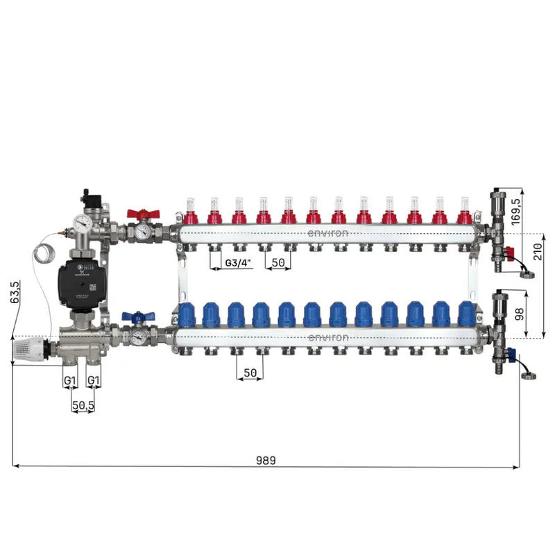 Set di regolazione a valore fisso M059 20-70°C con pompa ad alta efficienza Grundfos UPM3 25/6, collettore di riscaldamento in acciaio inox, set di sfiato e set di valvole a sfera