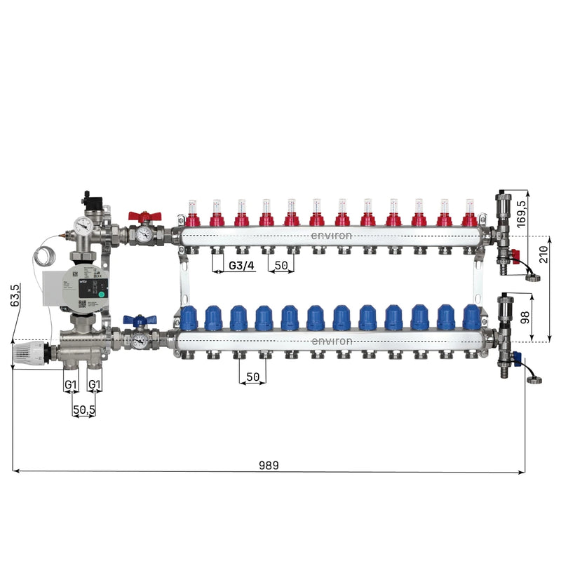 Festwertregelset M059 20-70°C mit Wilo Para 25/6 Hocheffizienzpumpe, Edelstahl-Heizkreisverteiler, Entlüfterset & Kugelhahnset