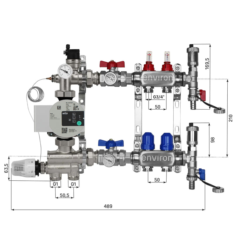 Festwertregelset M059 20-70°C mit Wilo Para 25/6 Hocheffizienzpumpe, Edelstahl-Heizkreisverteiler, Entlüfterset & Kugelhahnset