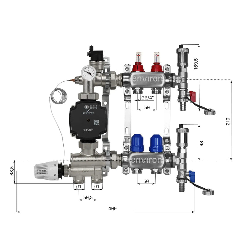 Set di regolazione a valore fisso M059 20-70°C con pompa ad alta efficienza Grundfos UPM3 25/6, collettore di riscaldamento in acciaio inox, set di sfiato e set di valvole a sfera