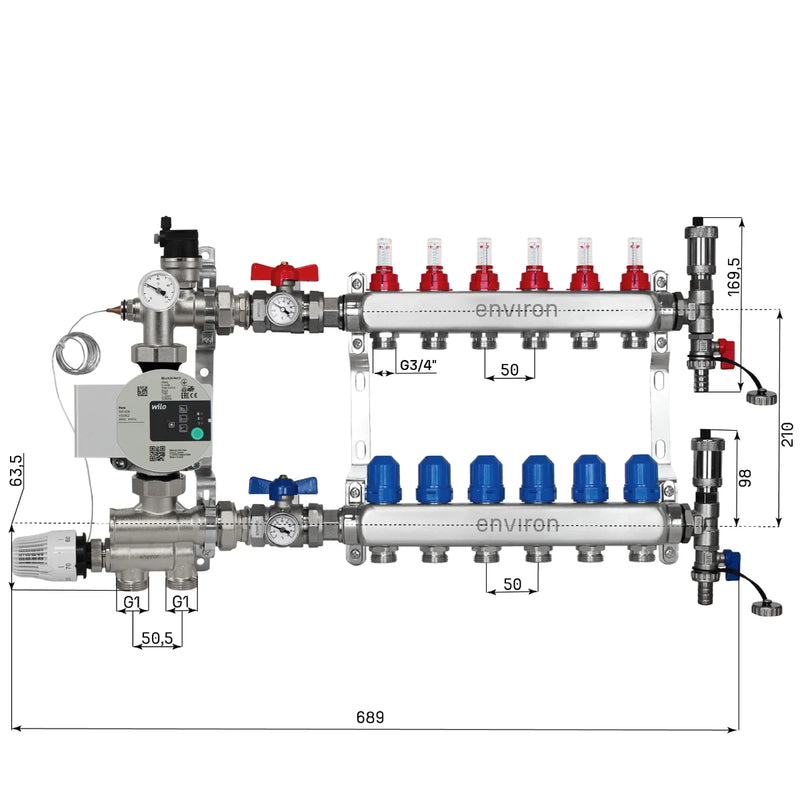 Festwertregelset M059 20-70°C mit Wilo Para 25/6 Hocheffizienzpumpe, Edelstahl-Heizkreisverteiler, Entlüfterset & Kugelhahnset