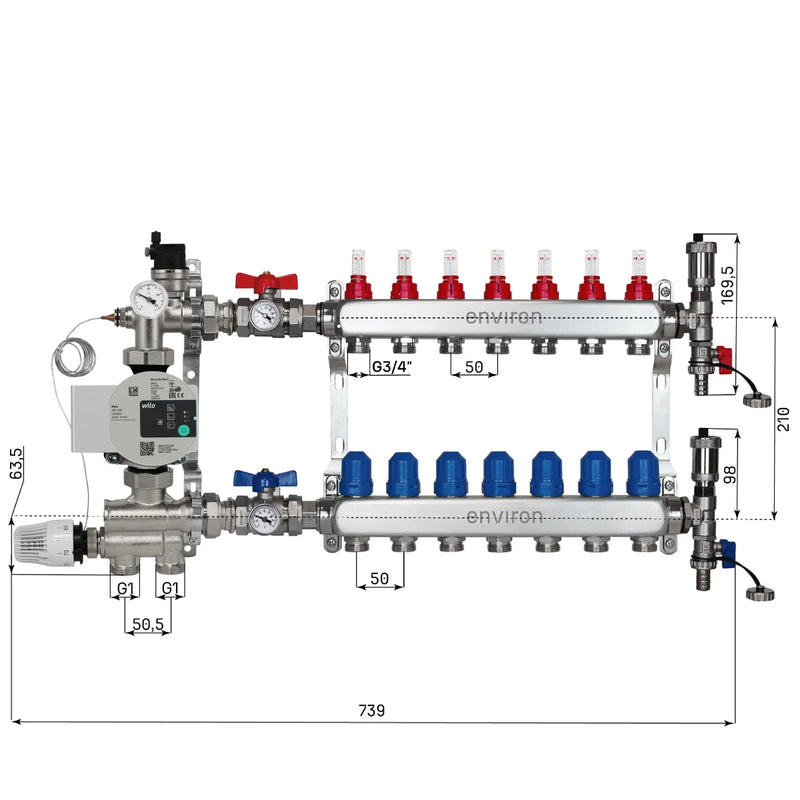 Festwertregelset M059 20-70°C mit Wilo Para 25/6 Hocheffizienzpumpe, Edelstahl-Heizkreisverteiler, Entlüfterset & Kugelhahnset