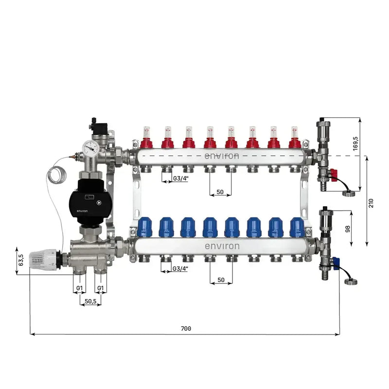 Kit de régulation à valeur fixe M059 avec pompe à haut rendement EcoStar 25/6 et distributeur de circuit de chauffage et accessoires