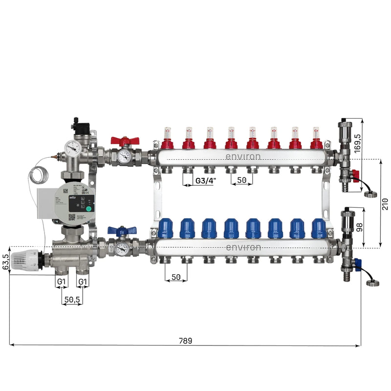 Festwertregelset M059 20-70°C mit Wilo Para 25/6 Hocheffizienzpumpe, Edelstahl-Heizkreisverteiler, Entlüfterset & Kugelhahnset