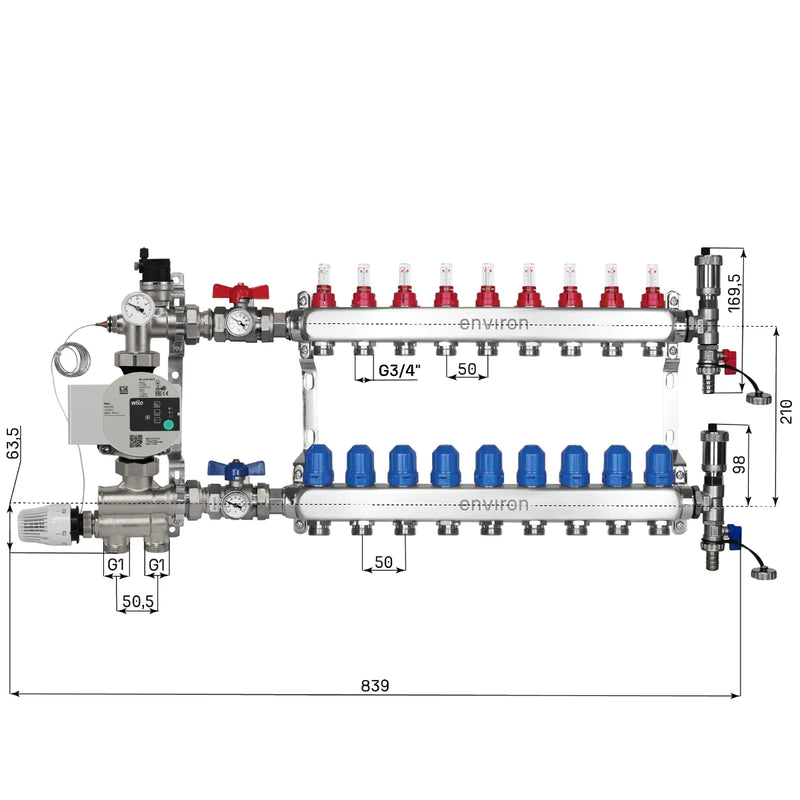 Festwertregelset M059 20-70°C mit Wilo Para 25/6 Hocheffizienzpumpe, Edelstahl-Heizkreisverteiler, Entlüfterset & Kugelhahnset
