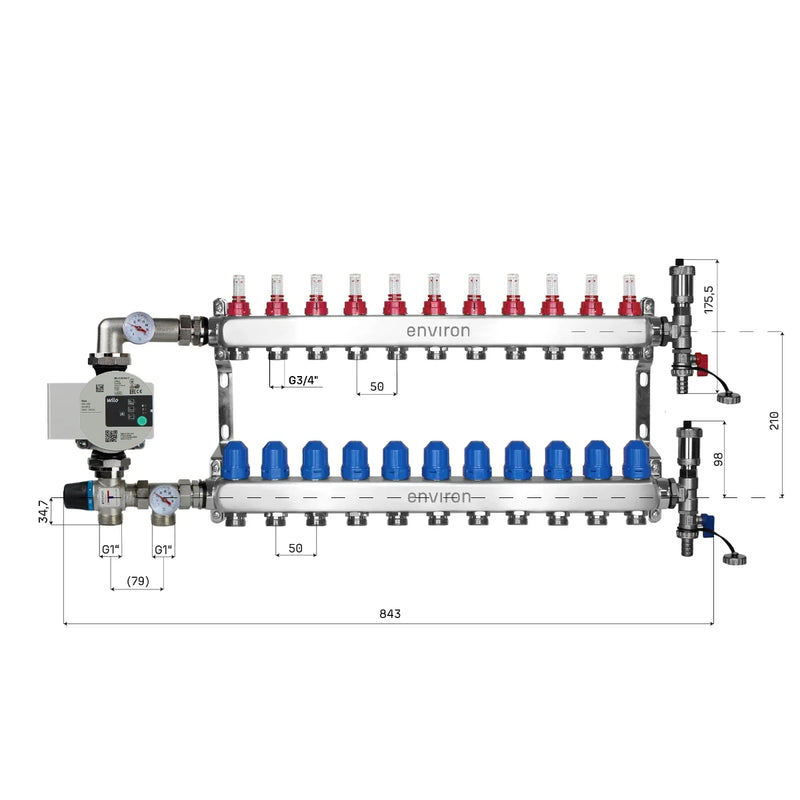 Set di regolazione a valore fisso M058 20-55°C con pompa ad alta efficienza Wilo Para 25/6, collettore di riscaldamento in acciaio inox, set di sfiato e set di valvole a sfera