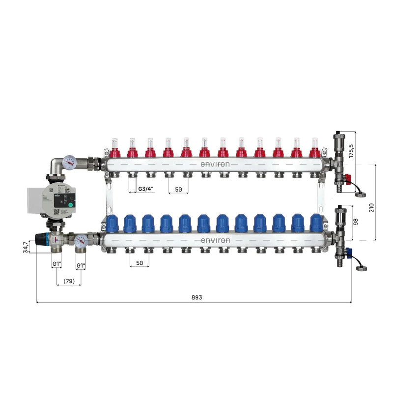 Set di regolazione a valore fisso M058 20-55°C con pompa ad alta efficienza Wilo Para 25/6, collettore di riscaldamento in acciaio inox, set di sfiato e set di valvole a sfera