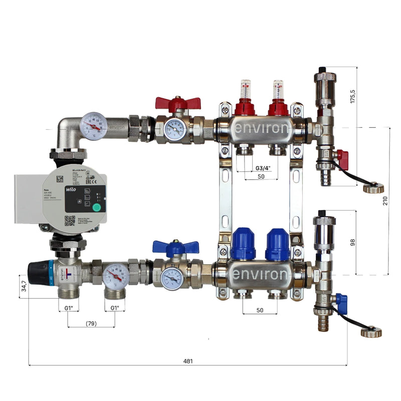 Set di regolazione a valore fisso M058 20-55°C con pompa ad alta efficienza Wilo Para 25/6, collettore di riscaldamento in acciaio inox, set di sfiato e set di valvole a sfera