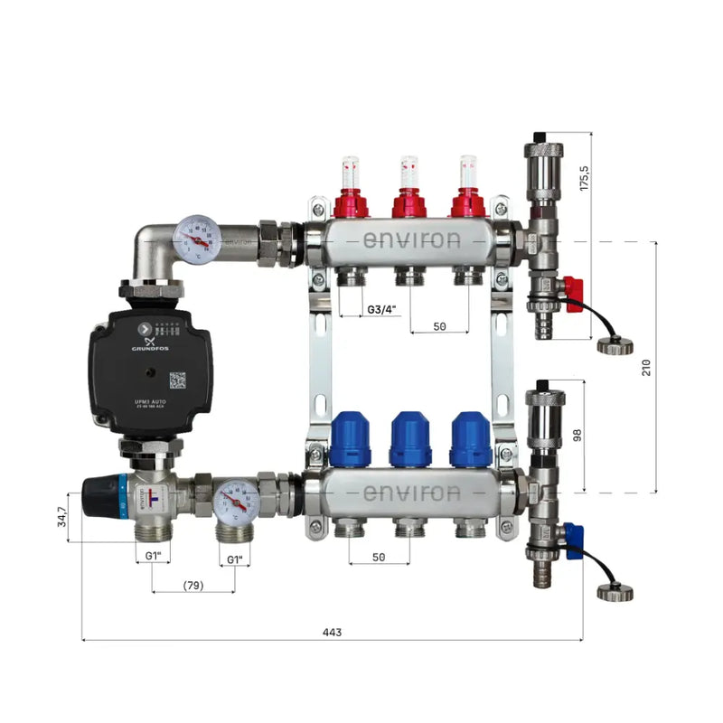 Set di regolazione a valore fisso M058 20-55°C con pompa ad alta efficienza Grundfos UPM3 25/6, collettore di riscaldamento in acciaio inox, set di sfiato e set di valvole a sfera