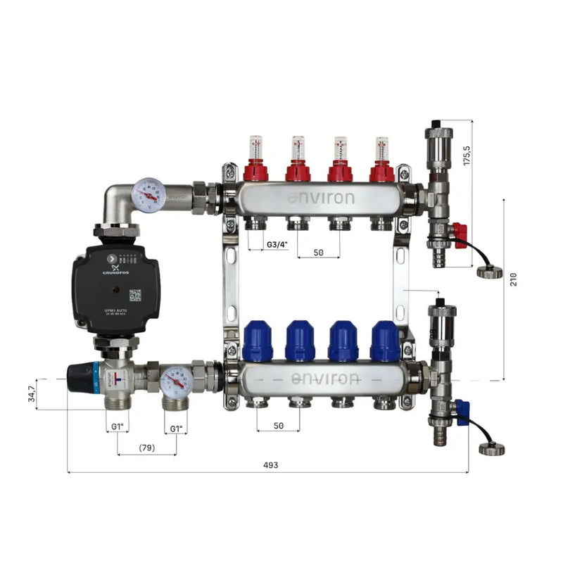 Set di regolazione a valore fisso M058 20-55°C con pompa ad alta efficienza Grundfos UPM3 25/6, collettore di riscaldamento in acciaio inox, set di sfiato e set di valvole a sfera