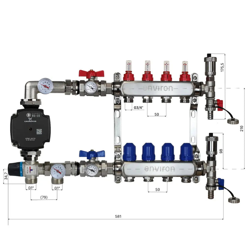Set di regolazione a valore fisso M058 20-55°C con pompa ad alta efficienza Grundfos UPM3 25/6, collettore di riscaldamento in acciaio inox, set di sfiato e set di valvole a sfera