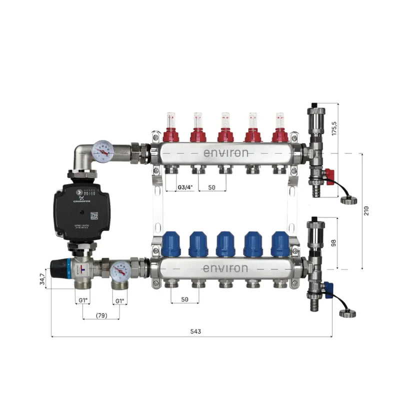 Set di regolazione a valore fisso M058 20-55°C con pompa ad alta efficienza Grundfos UPM3 25/6, collettore di riscaldamento in acciaio inox, set di sfiato e set di valvole a sfera