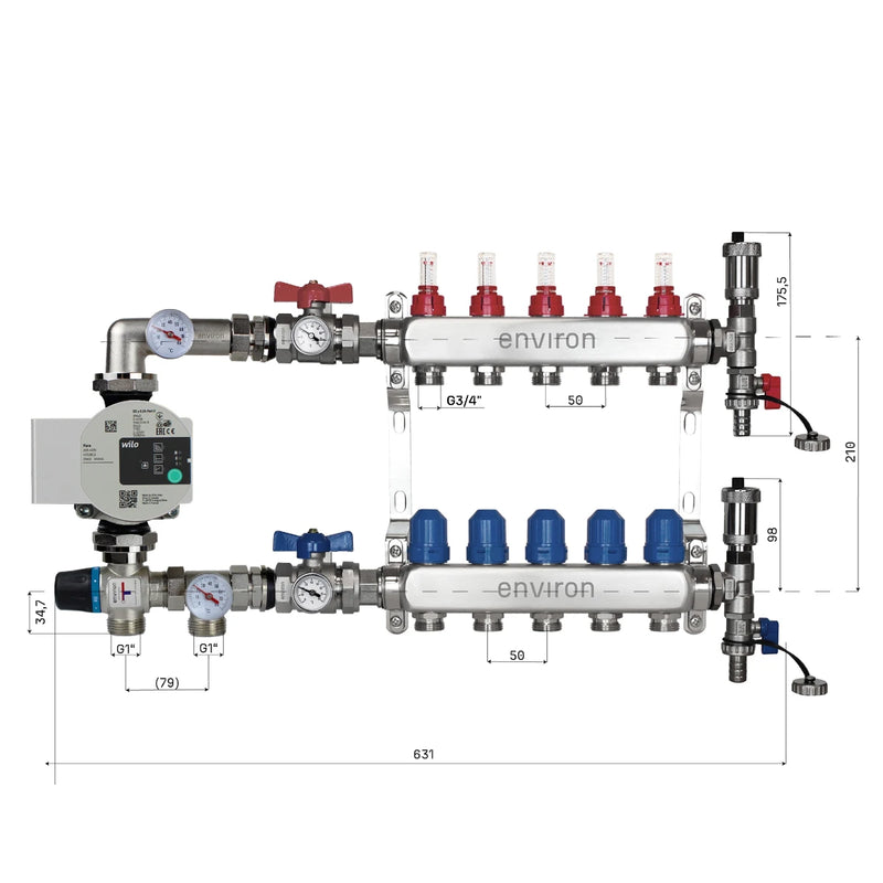 Set di regolazione a valore fisso M058 20-55°C con pompa ad alta efficienza Wilo Para 25/6, collettore di riscaldamento in acciaio inox, set di sfiato e set di valvole a sfera