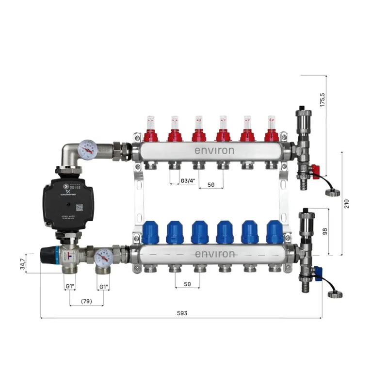 Set di regolazione a valore fisso M058 20-55°C con pompa ad alta efficienza Grundfos UPM3 25/6, collettore di riscaldamento in acciaio inox, set di sfiato e set di valvole a sfera
