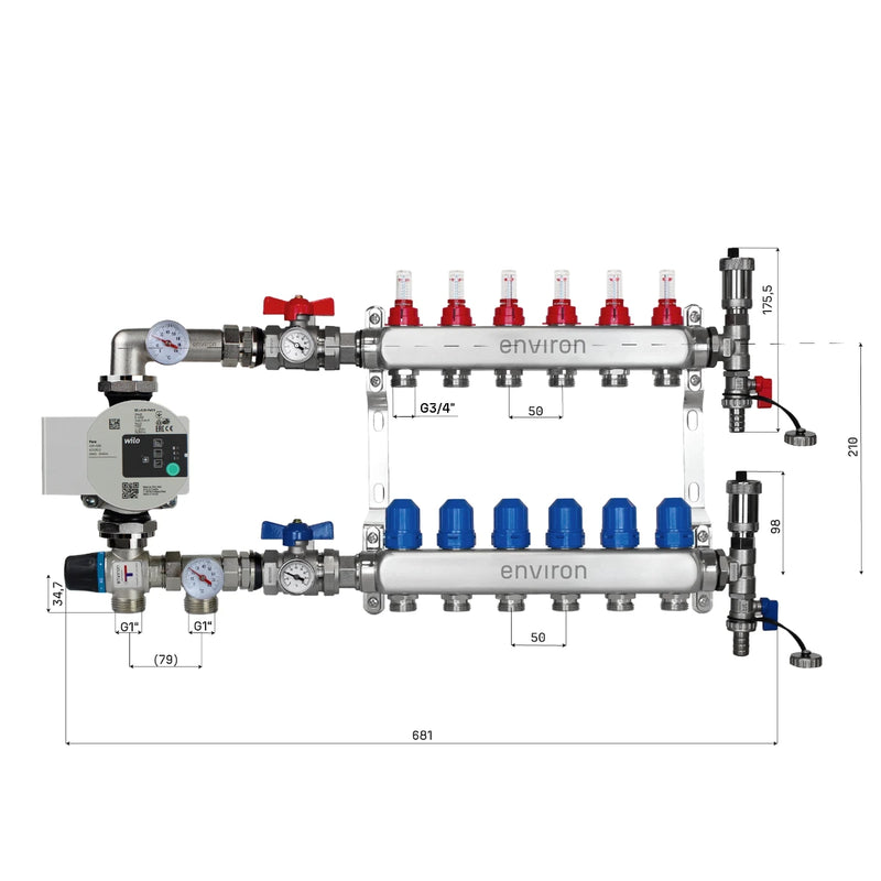 Set di regolazione a valore fisso M058 20-55°C con pompa ad alta efficienza Wilo Para 25/6, collettore di riscaldamento in acciaio inox, set di sfiato e set di valvole a sfera