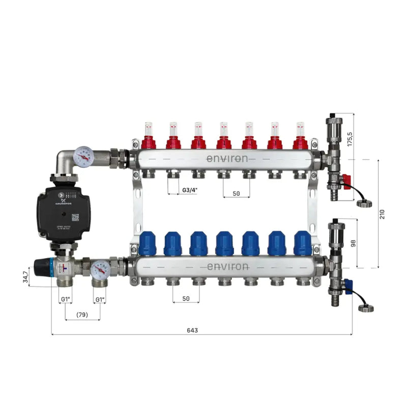Set di regolazione a valore fisso M058 20-55°C con pompa ad alta efficienza Grundfos UPM3 25/6, collettore di riscaldamento in acciaio inox, set di sfiato e set di valvole a sfera